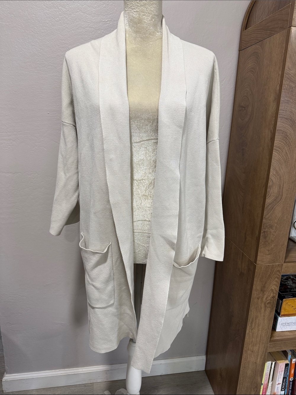 Eileen Fisher Silk and Organic cotton Open-Front Long Cardigan with Pockets